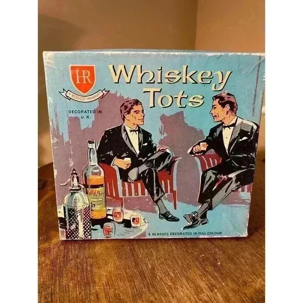 VINTAGE HR ROSCO WHISKY TOTS 6 GLASSES IN FULL COLOUR IN A PRESENTATION BOX